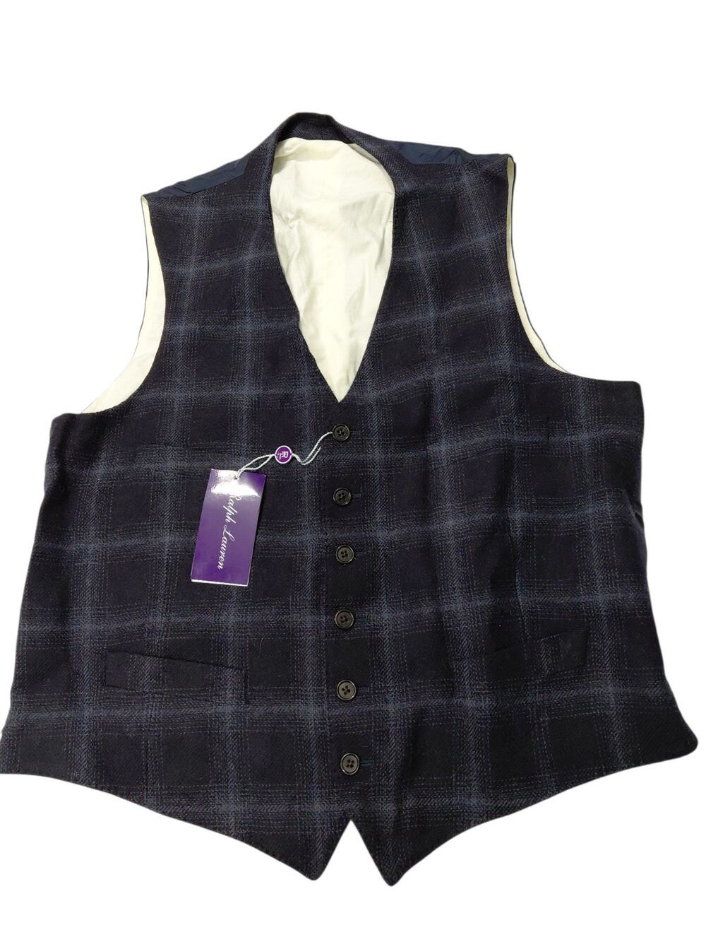 NWT $695 Ralph Lauren Purple Label Hand Tailored Navy Plaid Camel Hair Vest 42 R